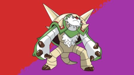 Chesnaught di Pokémon Scarlatto e Violetto con uno sfondo dietro rosso e viola