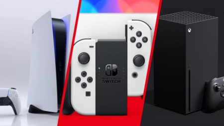 Una PS5 in verticale con al fianco una Nintendo Switch ed una Xbox Series X