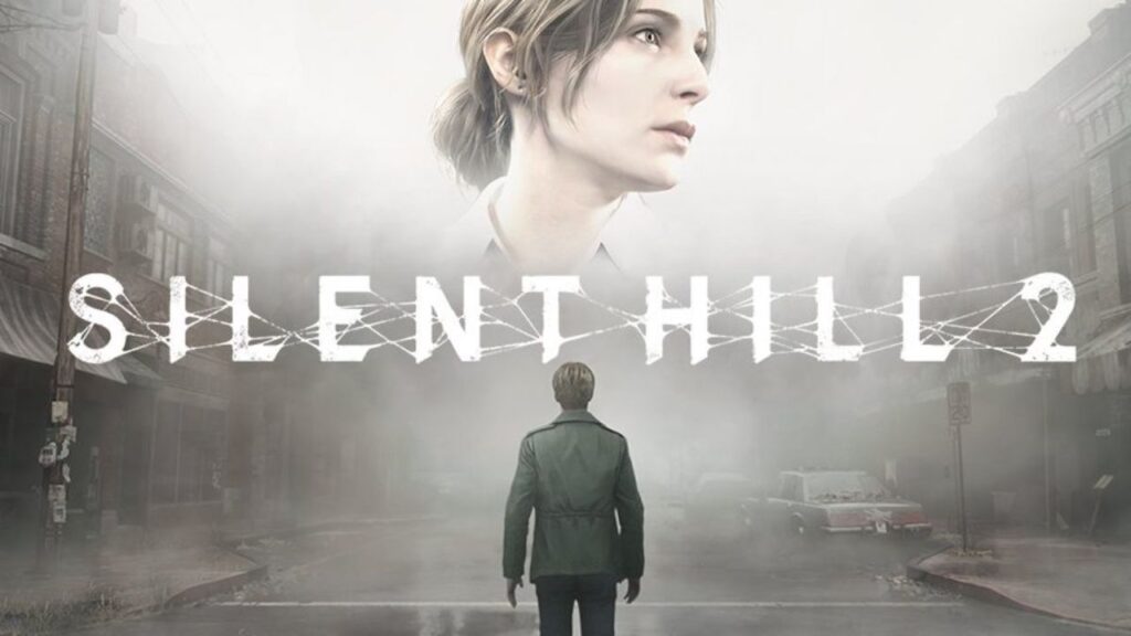 Il personaggio principale di Silent Hill 2 con il logo del gioco in primo piano