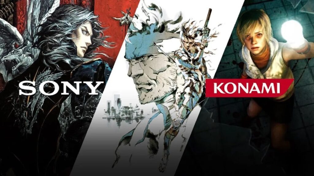 Il logo di Sony e quello di Konami con sullo sfondo Castlevania, Metal Gear Solid 2 e Silent Hill 2