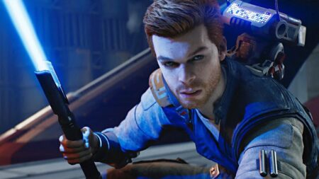 Cal Kestis di Star Wars Jedi: Survivor mentre impugna una spada laser