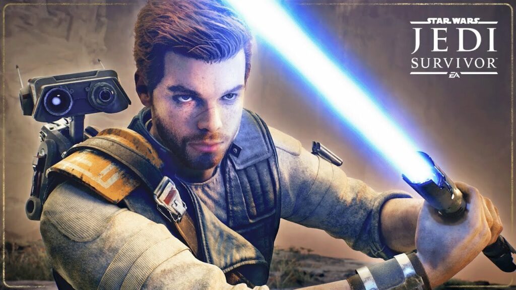 Cal Kestis di Star Wars Jedi: Survivor in primo piano mentre impugna la spada laser