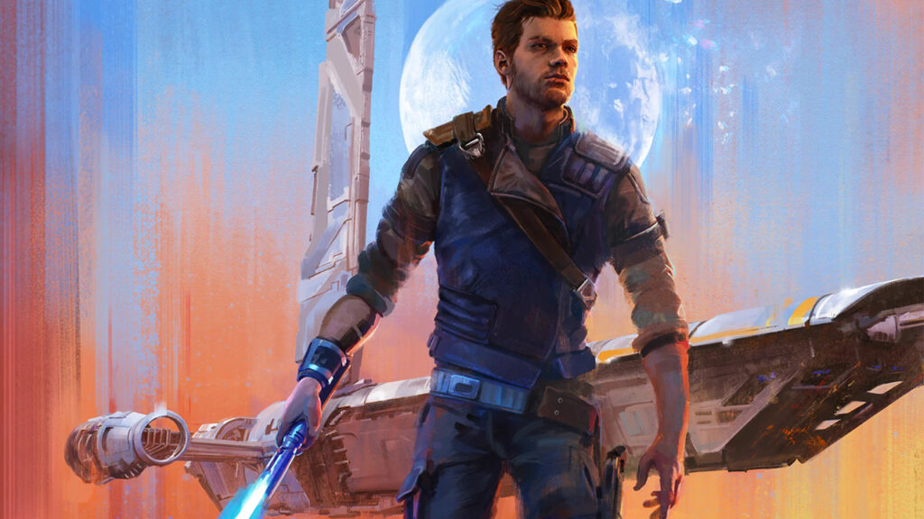 Kal Cestis impugna la spada laser, Sullo sfondo un incrociatore spazioale ed un pianeta azzurro