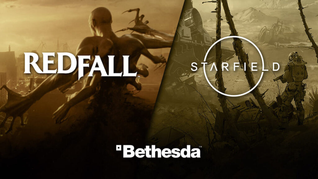 Il logo di Redfall a sinistra con a destra quello di Starfield