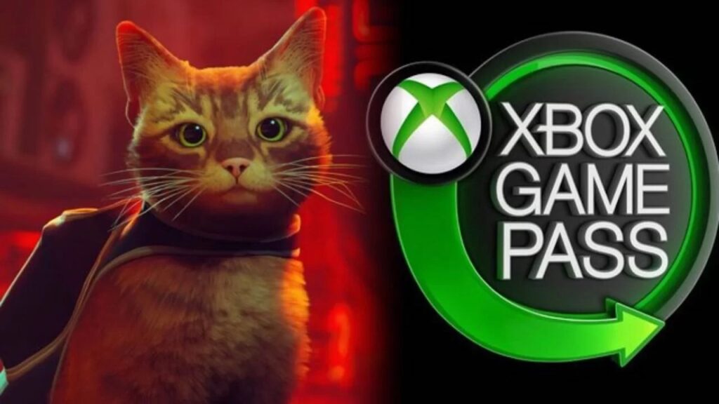 Il gatto di Stray con al fianco il logo di Xbox Game Pass