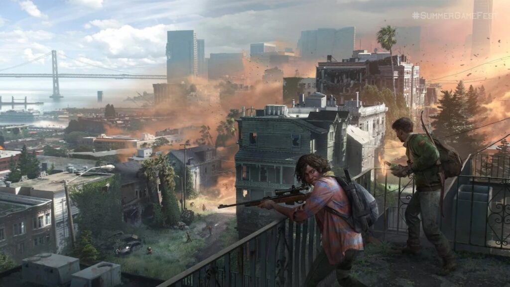 Due persoanggi di The Last of Us multiplayer su un tetto