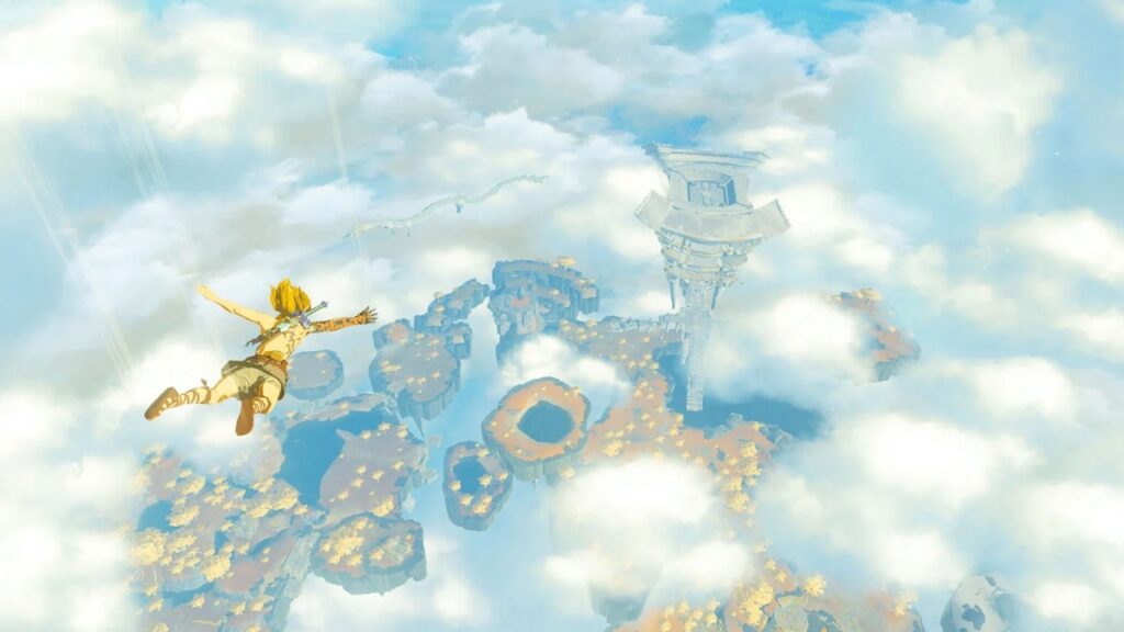 Link di The Legend of Zelda: Tears of the Kingdom mentre si lancia dalle nuvole