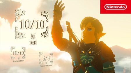 Link di The Legend of Zelda: Tears of the Kingdom con dei 10 sullo sfondo