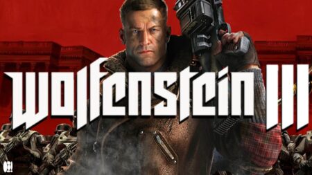 Il protagonista di Wolfenstein 3 con il logo del gioco