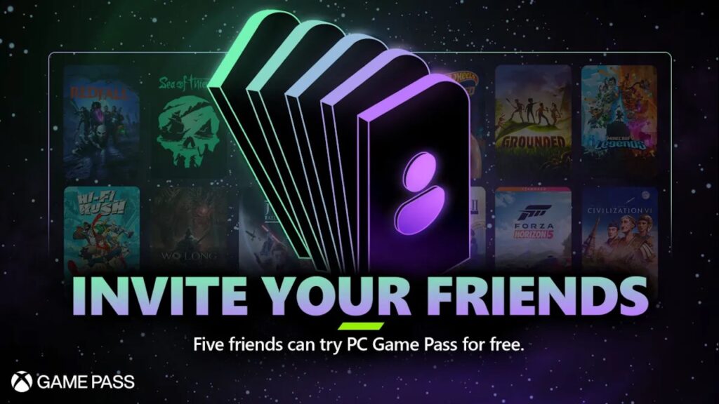 Le carte di Xbox Game Pass Friend su uno sfondo con dei giochi Xbox