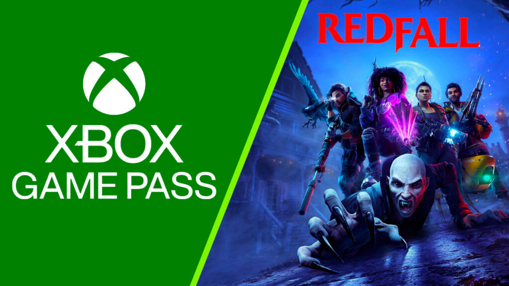 Il logo di Xbox Game Pass con al fianco i protagonisti di Redfall