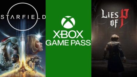 Starfield a sinistra con al centro il logo di Xbox Game Pass ed a destra Lies of P