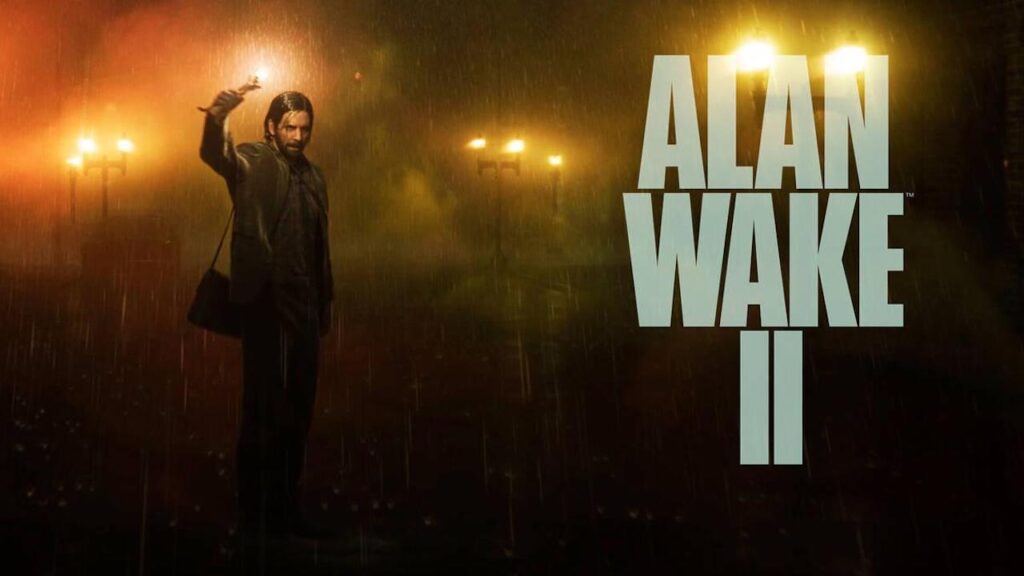 Il logo di Alan Wake 2 a destra di Alan con in mano una torcia