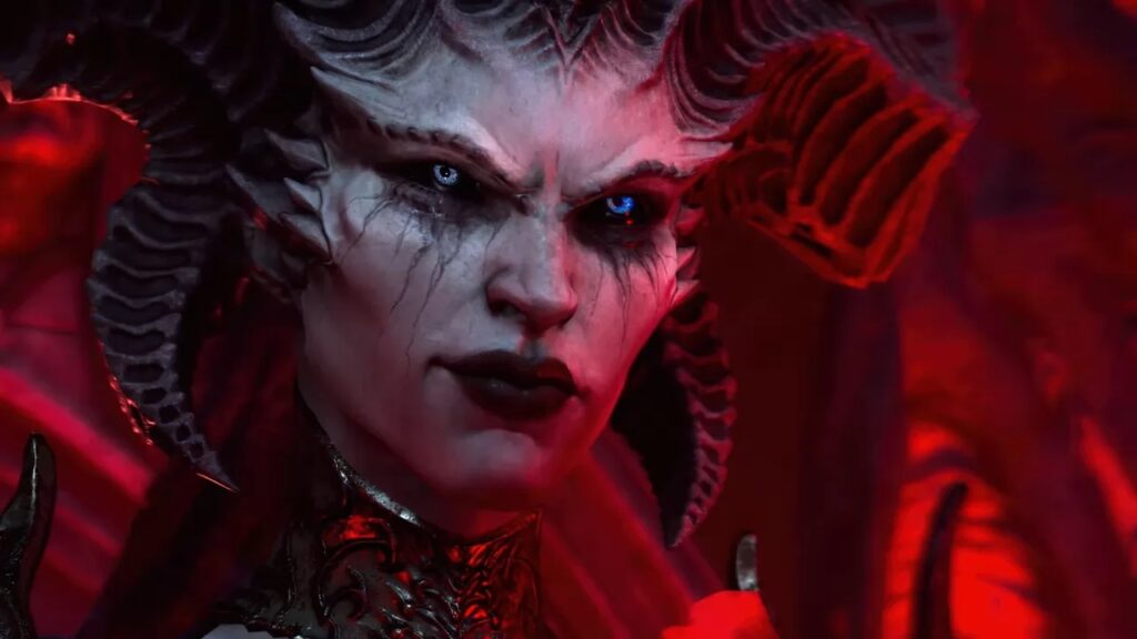 Lilith di Diablo 4 con dietro uno sfondo rosso
