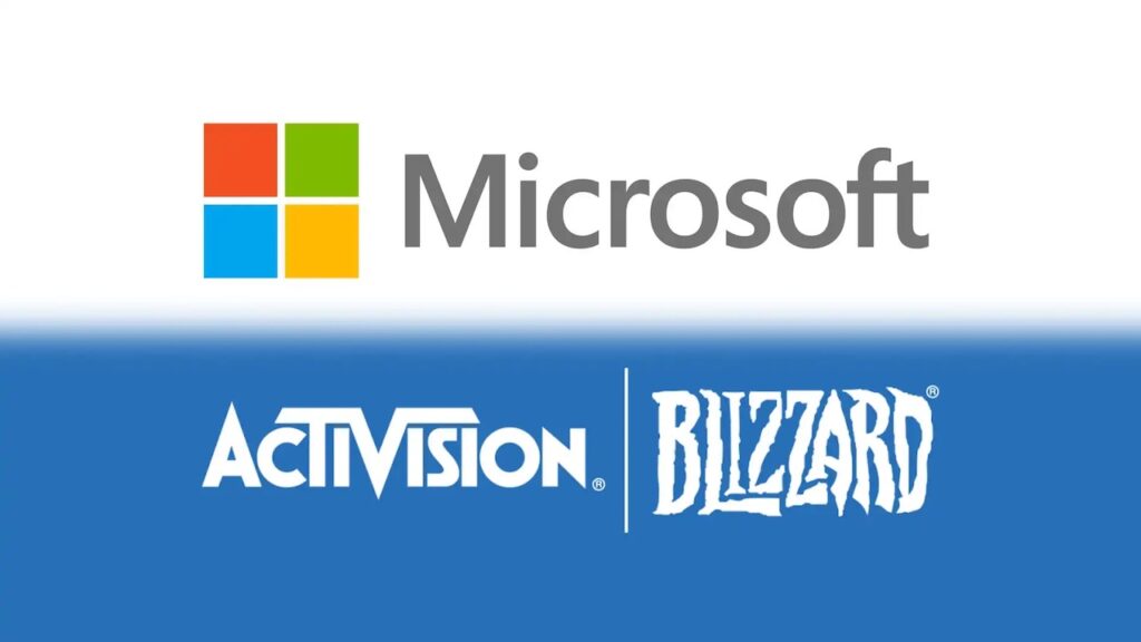 I loghi di Microsoft ed Activision Blizzard con uno sfondo bianco e celeste