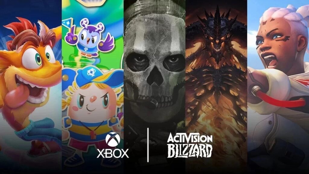 Il logo di Xbox e quello di Activision Blizzard con dietro i giochi del publisher