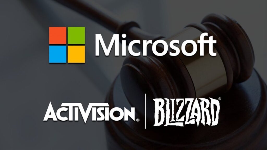 I loghi di Microsoft ed Activision Blizzard con dietro il tribunale