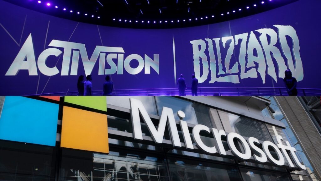 Il logo di Microsoft con sopra quello di Activision Blizzard