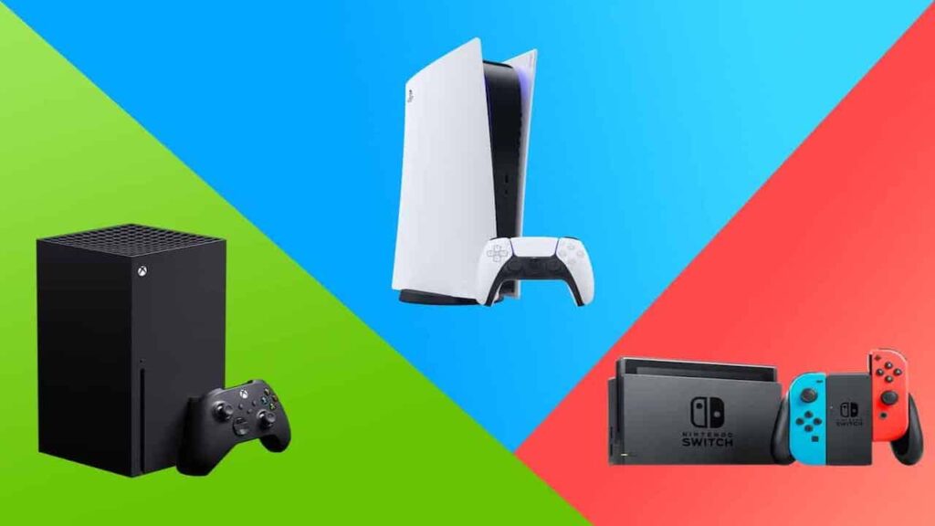 Una Xbox Series X, una PS5 ed una Nintendo Switch a triangolo