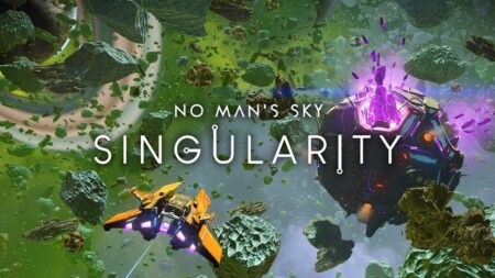 Il logo di No Man's Sky Singularity con un'astronave nello spazio