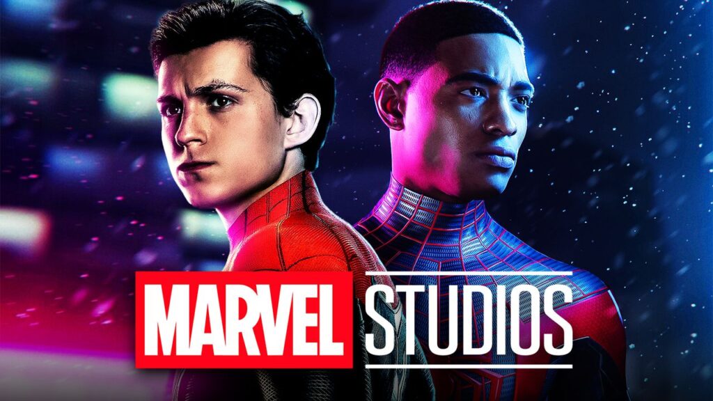 Tom Holland e Miles Morales di Spider-Man con il logo dei Marvel Studios