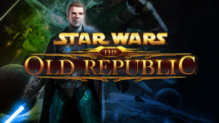 Il personaggio di Star Wars: The Old Republic con il logo del gioco