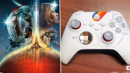 L'immagine di copertina di Starfield con a fianco il controller Xbox special edition