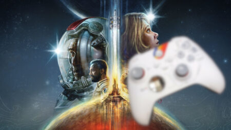 Il controller Special Edition di Starfield con dietro l'immagine del gioco