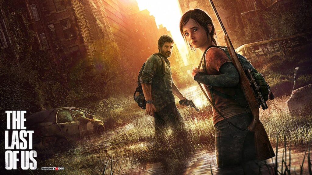 Joel ed Ellie di The Last of Us con in basso a sinistra il logo del gioco