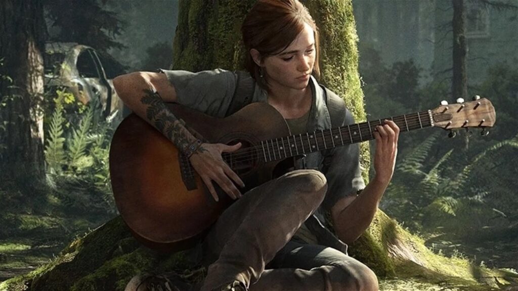 Ellie di The Last of Us Parte 2 seduta a terra che imbraccia una chitarra