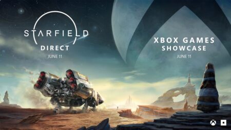 Il logo di Starfield Direct e quello dell'Xbox Games Showcase 2023 con un'immagine di starfield sullo sfondo