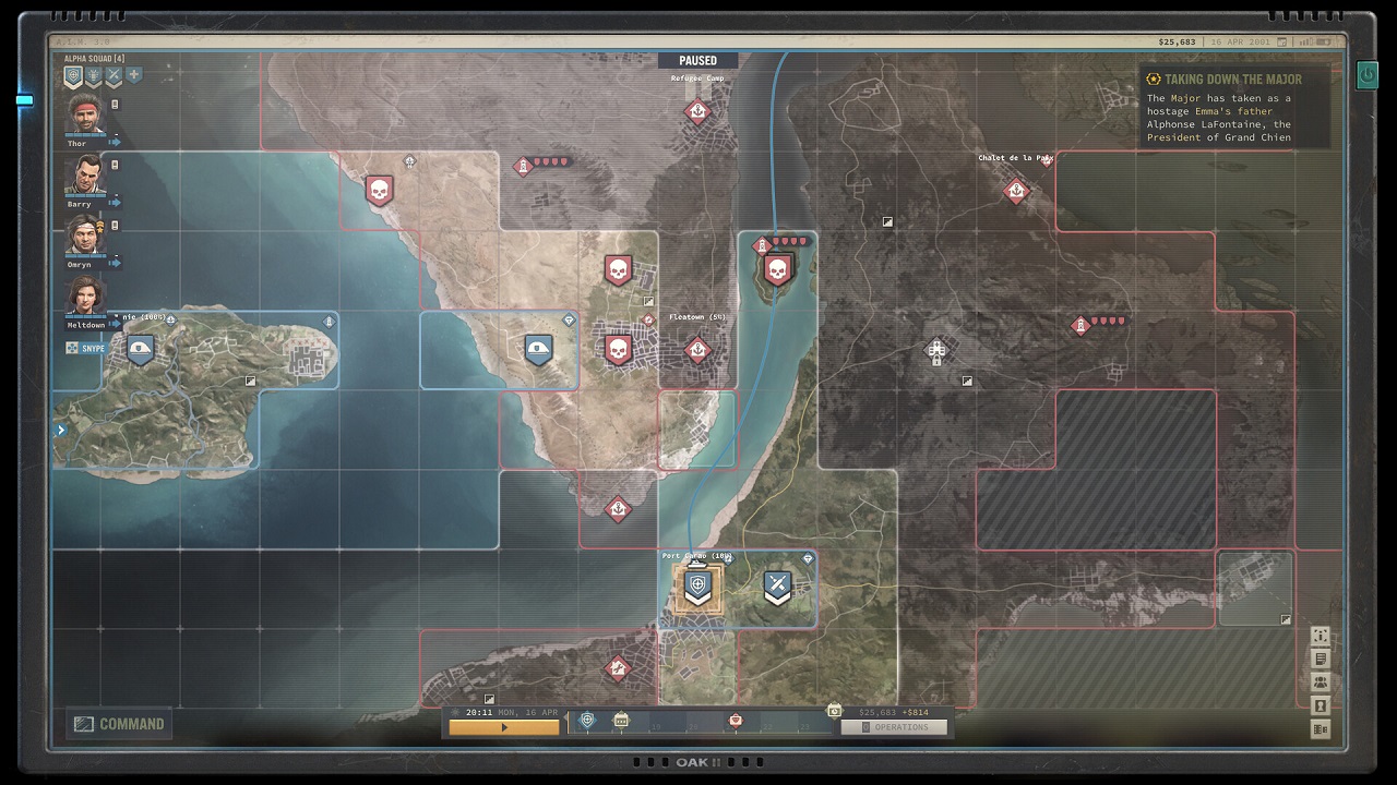 Mappa di gioco, in cui sono indicati tutti i territori controllati, quelli nemici e, in alto a destra, lo scopo della missione in essere.