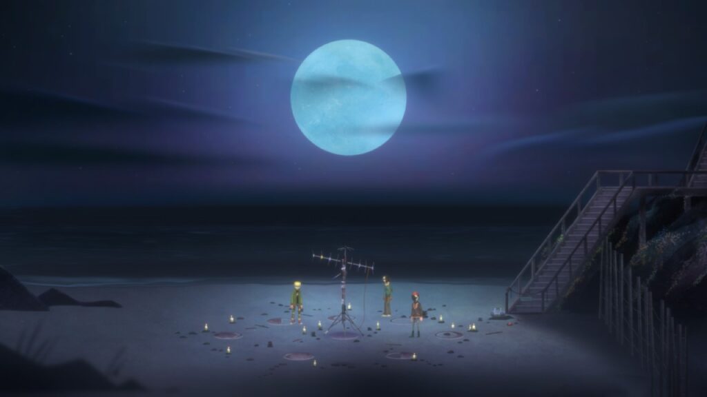 Ragazzi sulla spiaggia con una antenna distrutta, in sfondo la Luna piena