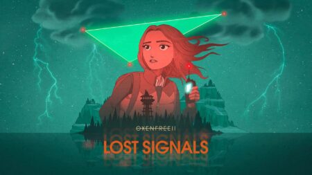 Oxenfree II Lost Signals copertina gioco illustrata con protagonista sopra disegno isola