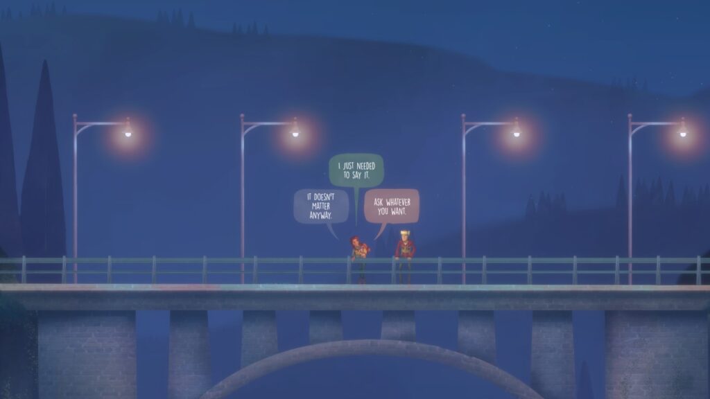 Riley e Jacob parlano sopra un ponte mentre si prendono una pausa