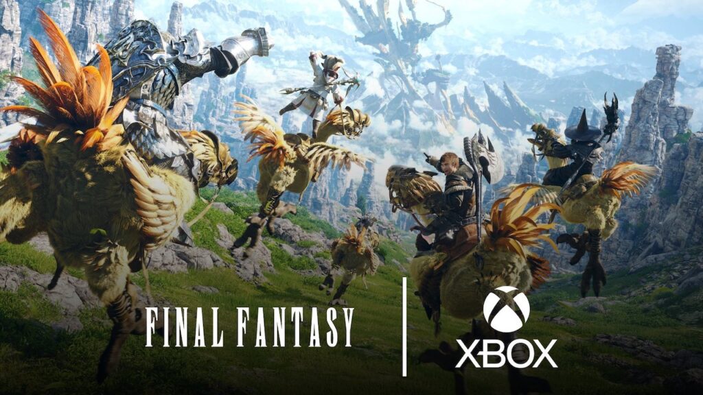I personaggi di Final Fantasy 14 su dei Chocobo con in sovrimpressione il logo di Xbox