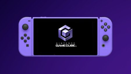 Un Nintendo Switch viola con dentro il logo di Nintendo GameCube