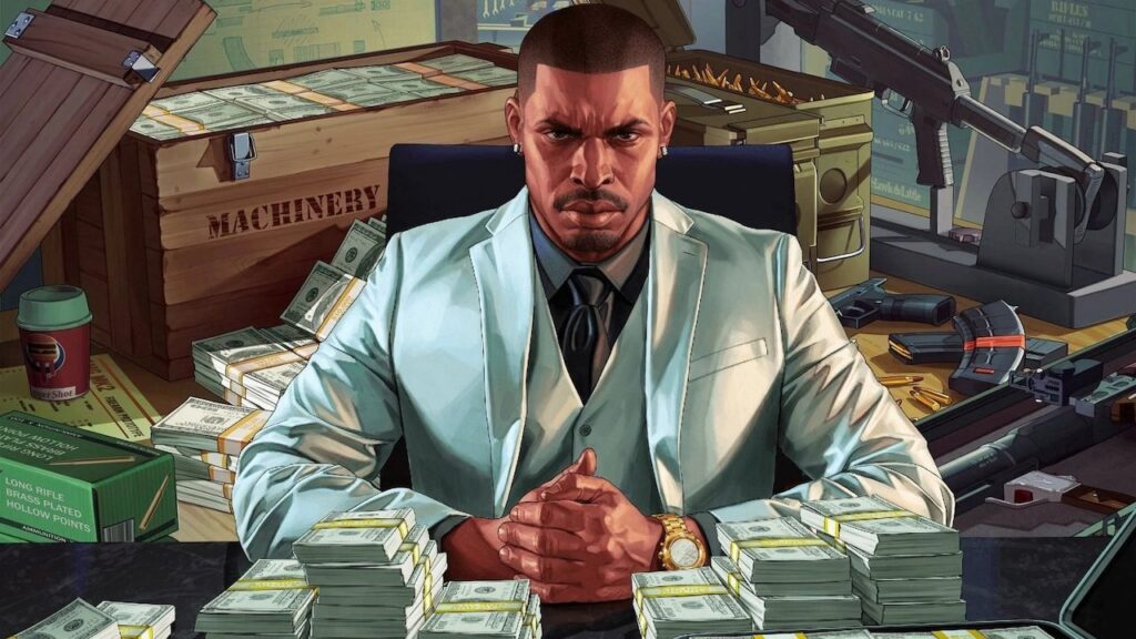 Un personaggio di GTA 5 con davanti dei soldi su un tavolo