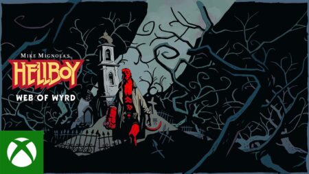 Il protagonista di Hellboy Web of Wyrd con il lo0go del gioco a sinistra