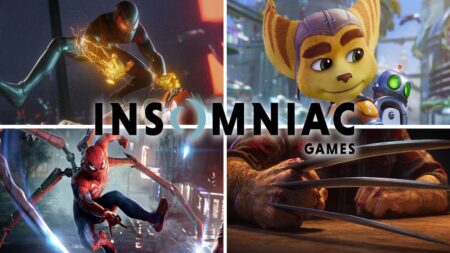 Insomniac Games, nuovo gioco tripla A non annunciato in lavorazione Il logo di Insomniac Games con dietro quattro giochi del team di sviluppo di Sony