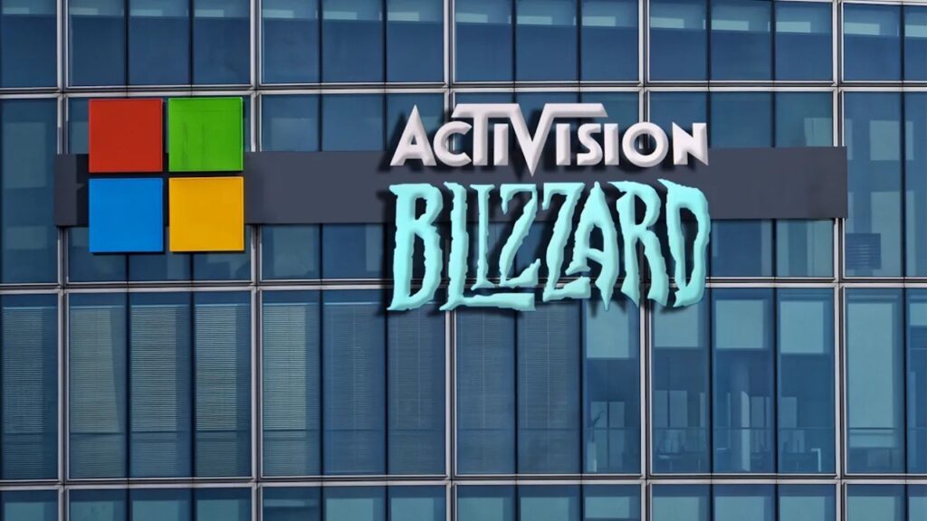 Il logo di Microsoft ed Activision Blizzard su un palazzo