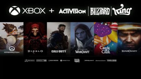 Il logo di Xbox ed Activision Blizzard con dietro i giochi