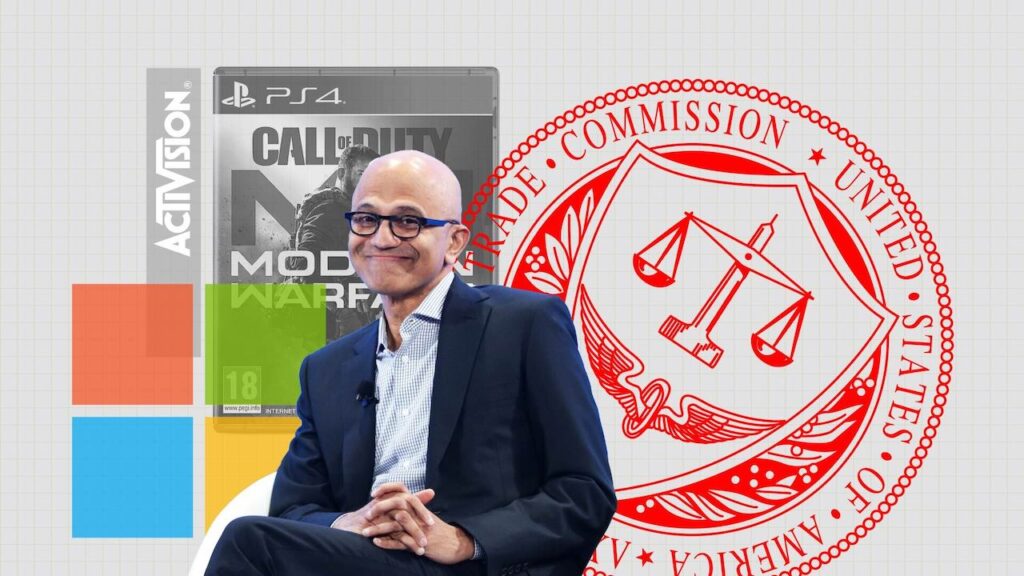 Satya Nadella con dietro il logo di Microsoft e dell'FTC