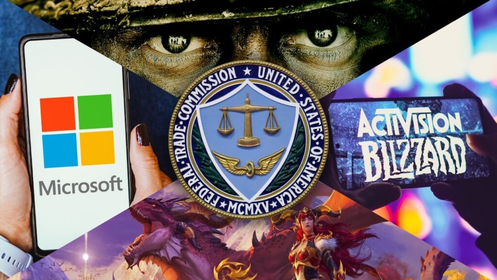 Il logo dell'FTC, Microsoft ed Activision Blizzard, con dietro Call of Duty