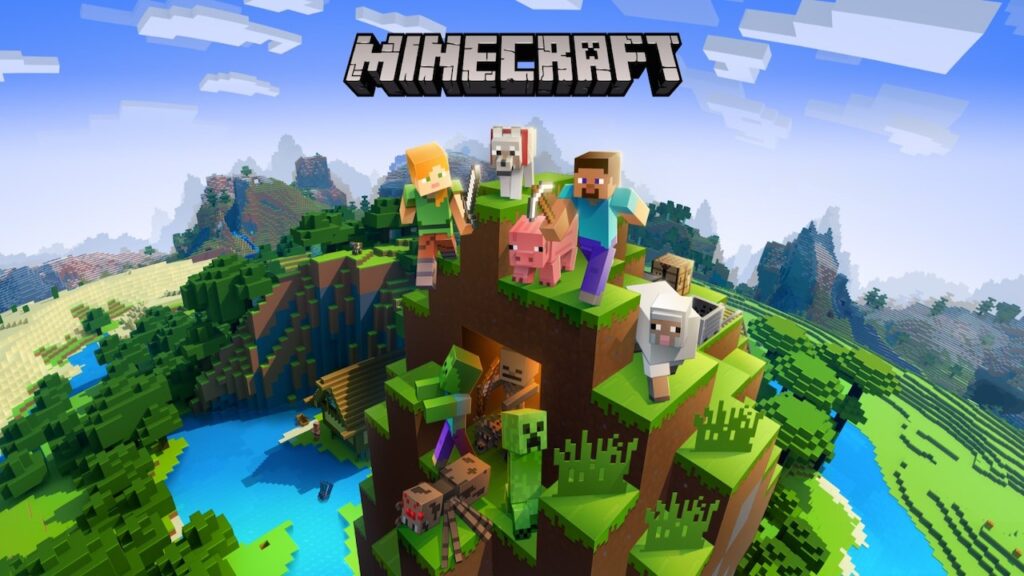 Il logo di Minecraft con alcuni personaggi su una collina