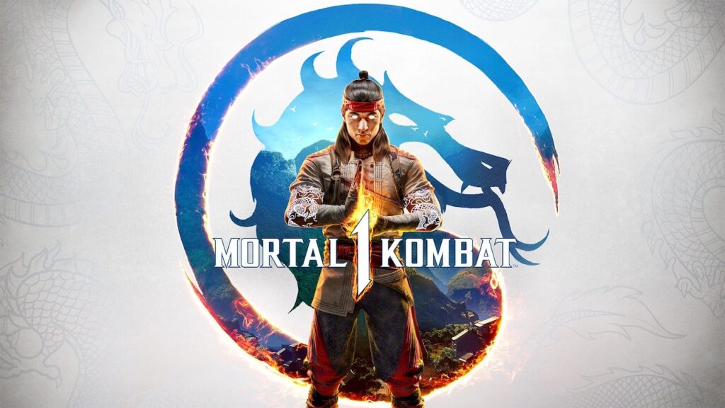 Un personaggio di Mortal Kombat 1 con sullo sfondo il logo del gioco