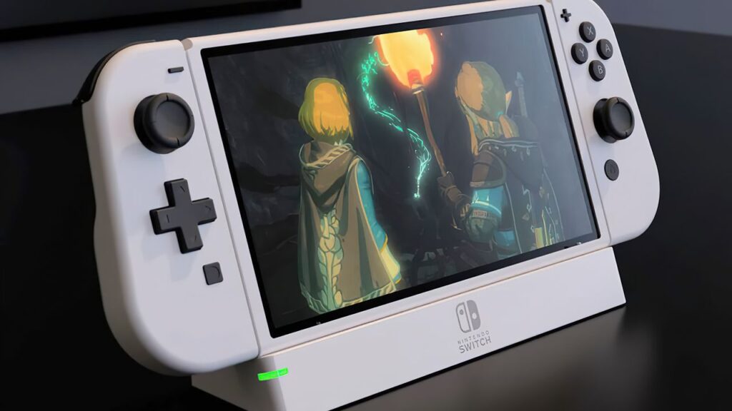 Una Nintendo Switch bianca con dentro Link e Zelda