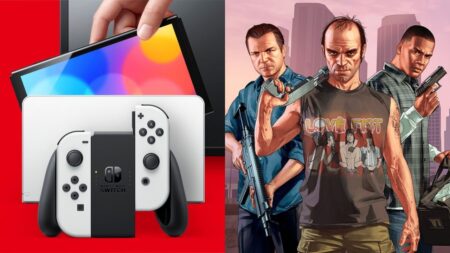 Una Nintendo Switch OLED con al fianco i tre protagonisti di GTA 5