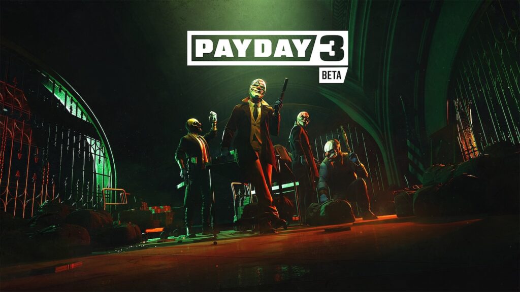La gang principale di Payday 3 con il logo della Closed Beta