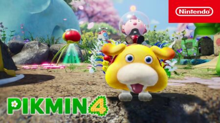 Il cane Occin ed i Pikmin con il logo di Pikmin 4 in basso a sinistra